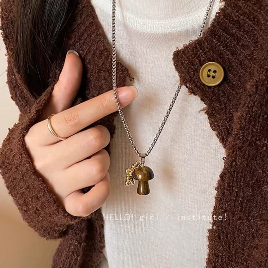 UNI-11980 - Titanium steel Natural Stone Mushroom - Necklace