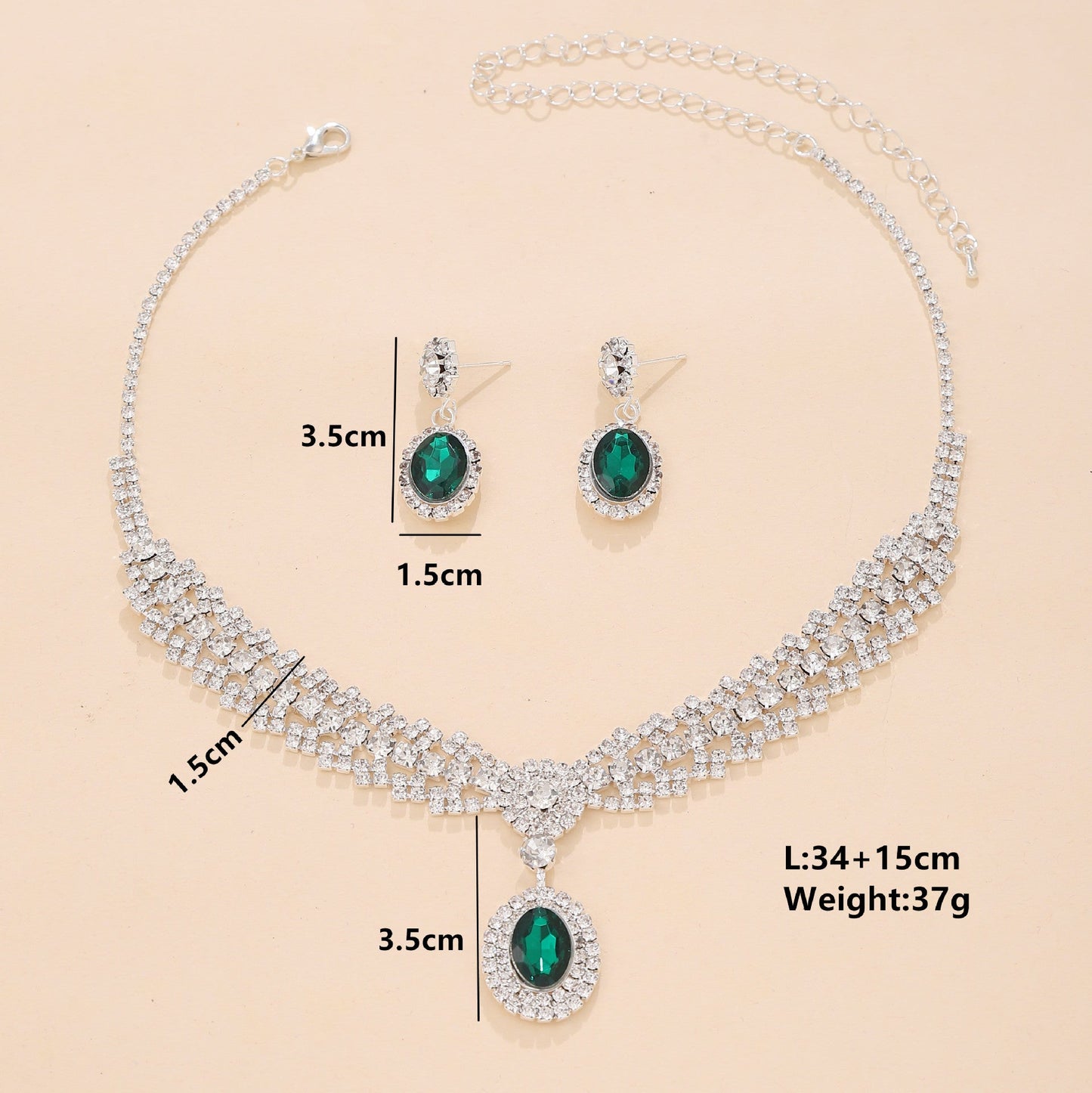 UNI-11942 - Premium Green & White Diamonds Silver - Jewelry Set