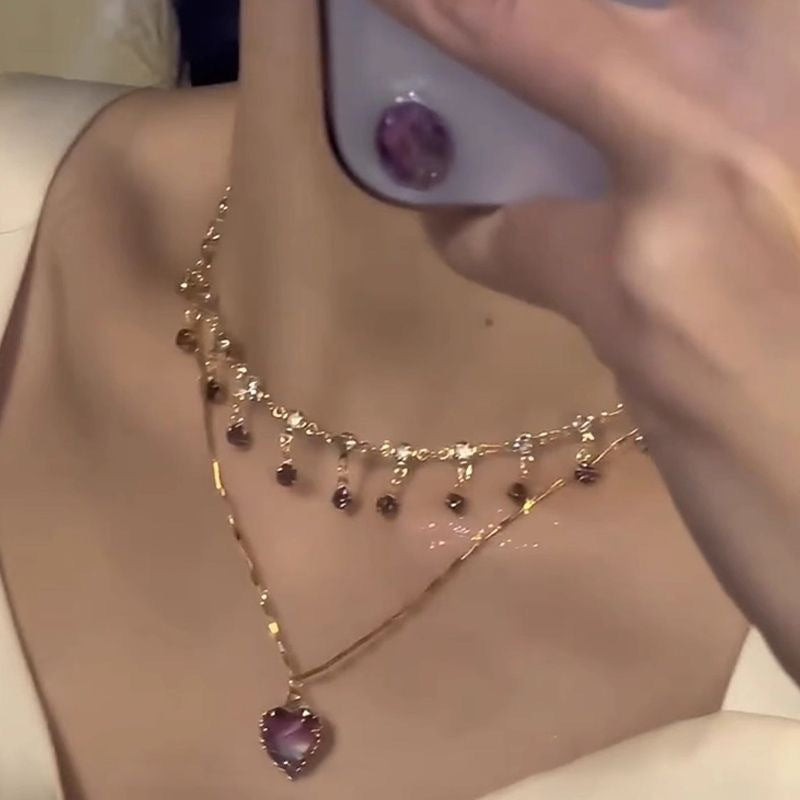 UNI-11983 - Premium Purple Diamonds & Heart Gold - Necklace Set Of 2