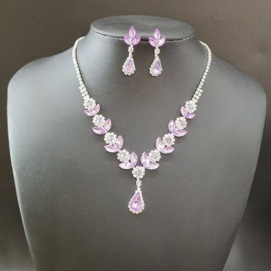 UNI-11954 - Purple Diamond Leaves Silver - Jewelry Set