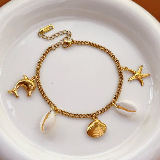 SS-11872 - Sea Shell & Sea Animals Charms Gold - Bracelet