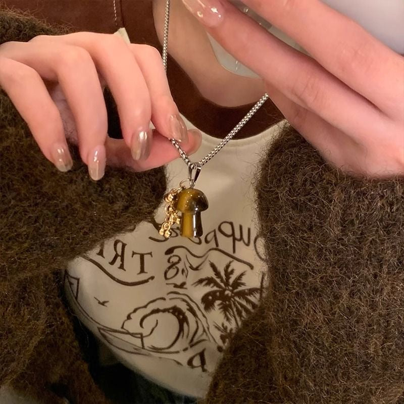 UNI-11980 - Titanium steel Natural Stone Mushroom - Necklace