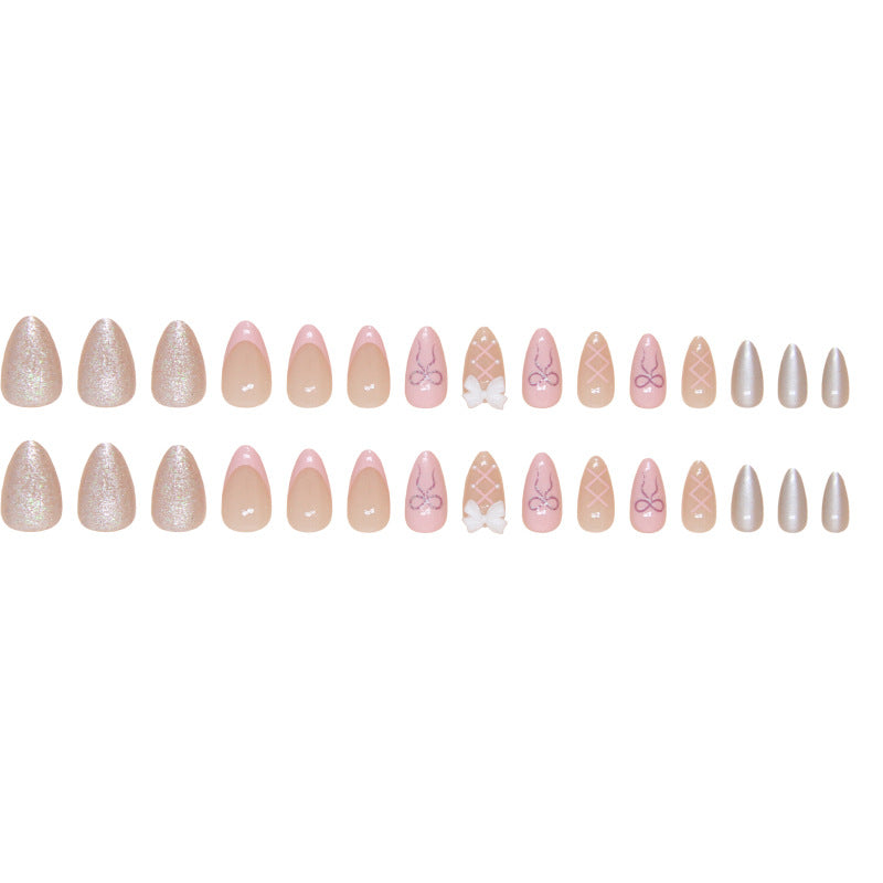 N-258 - Pastel Pink Bow - Press On Nail Set Of 24 - Free 24 Pcs Sticker Sheet Included