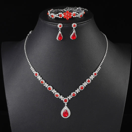 UNI-11941 - Premium Teardrop Red Diamonds Silver - Jewelry Set Of 3