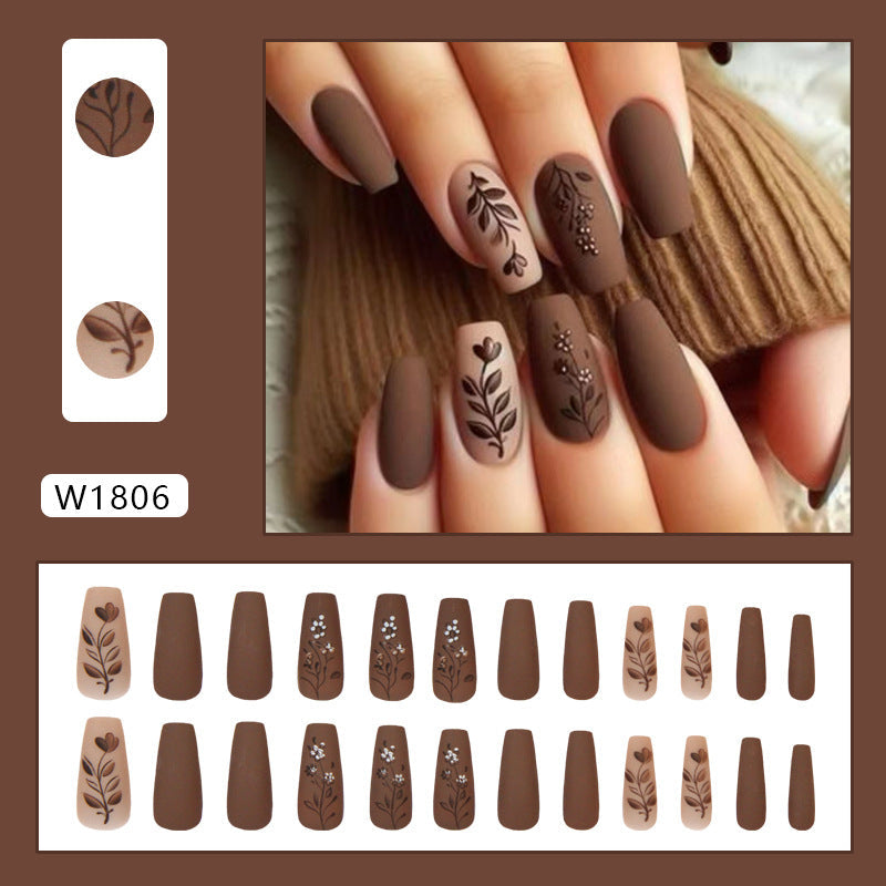 Caramel Chocolate Flower - Press On Nail Set Of 24 - Free 24 Pcs Sticker Sheet Included