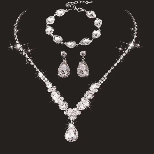 UNI-11955 - Premium White Diamonds Teardrop Silver - Jewelry Set