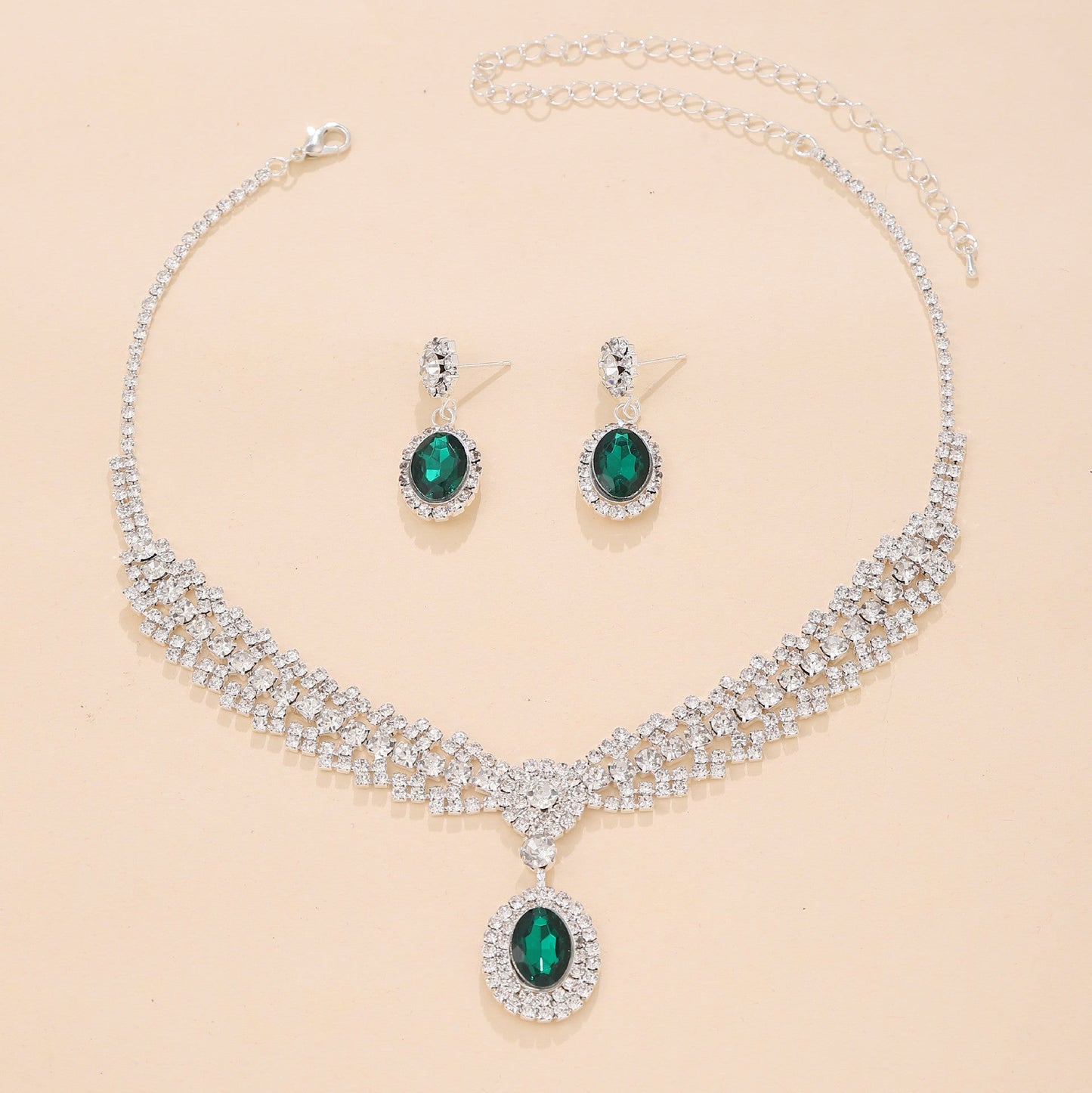 UNI-11942 - Premium Green & White Diamonds Silver - Jewelry Set