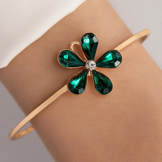 UNI-11079 - Flower Green Diamond Gold Bangle - Bracelet