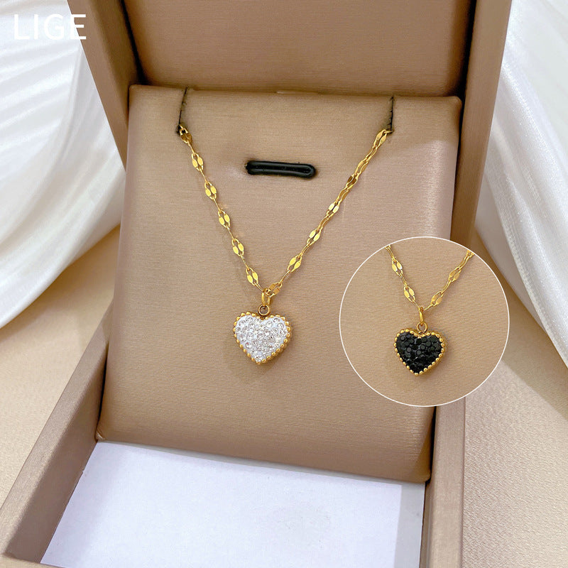 SS-12073 - Black & White Diamond Heart Double Side Gold - Necklace
