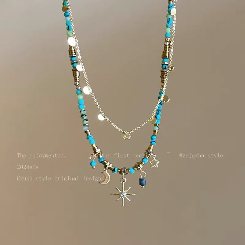 UNI-11973- Moon & Star Sparkle Watercolor Stones - Necklace