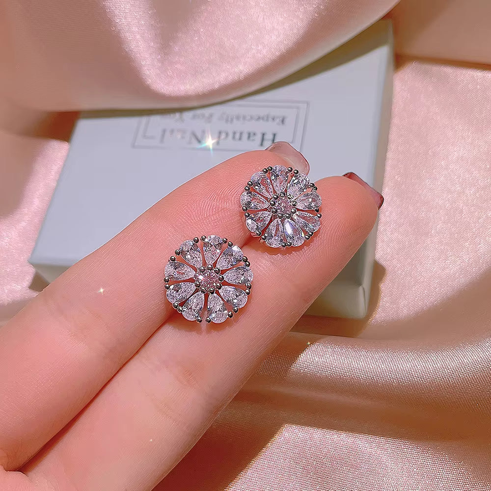 UNI-11033-2 - Pink Diamond Flower Silver - Earring