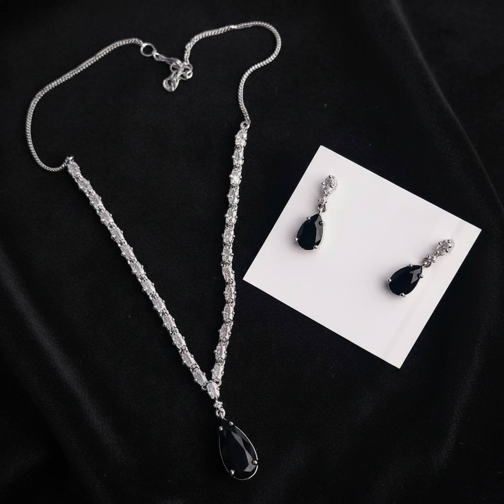 PJ-114 - Black Natural Stone Square Diamonds Silver - Jewelry Set Of 2