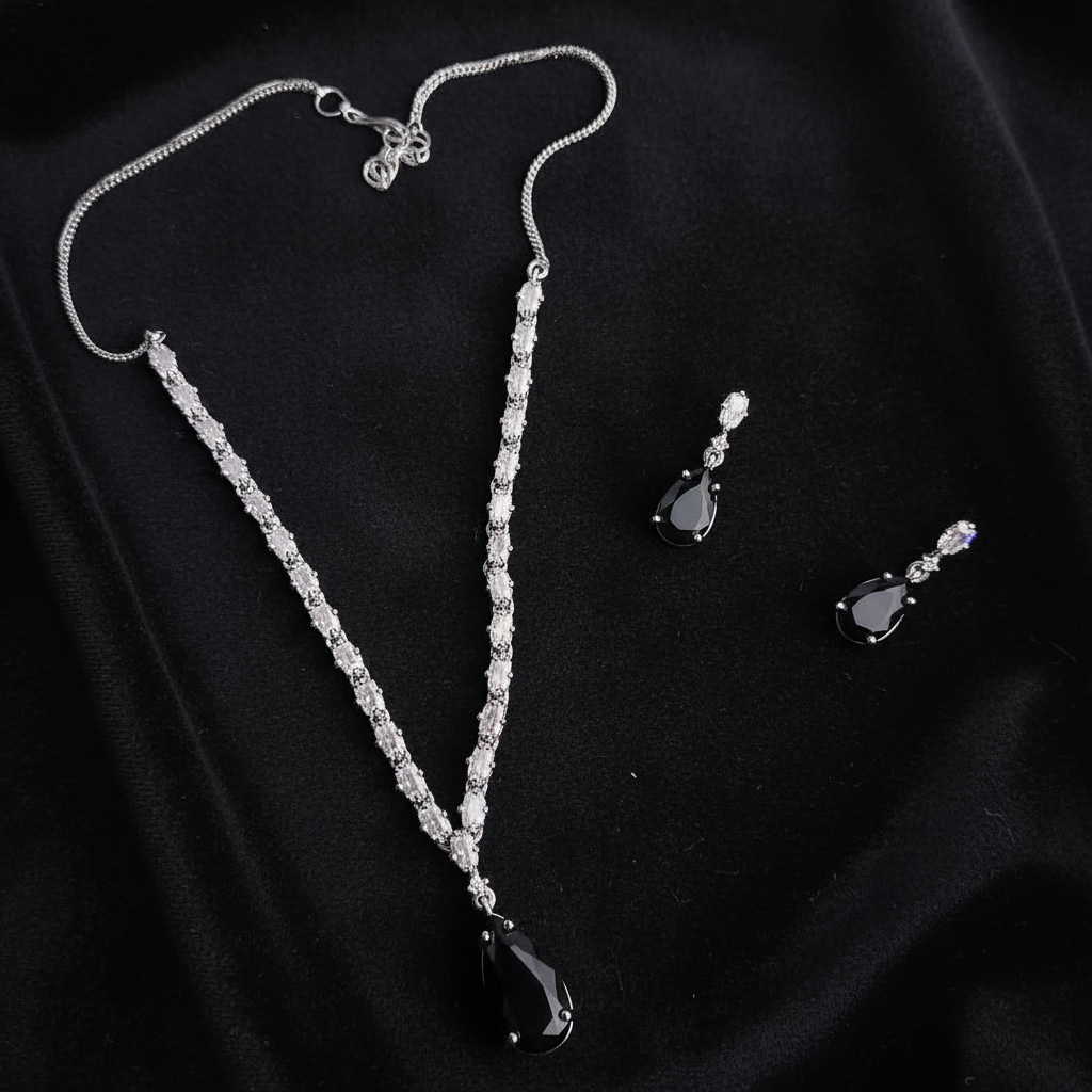 PJ-114 - Black Natural Stone Square Diamonds Silver - Jewelry Set Of 2