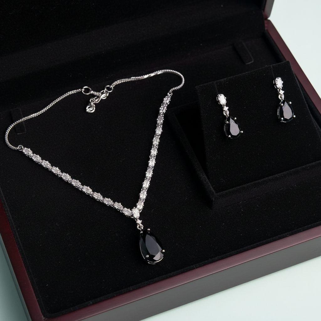 PJ-114 - Black Natural Stone Square Diamonds Silver - Jewelry Set Of 2
