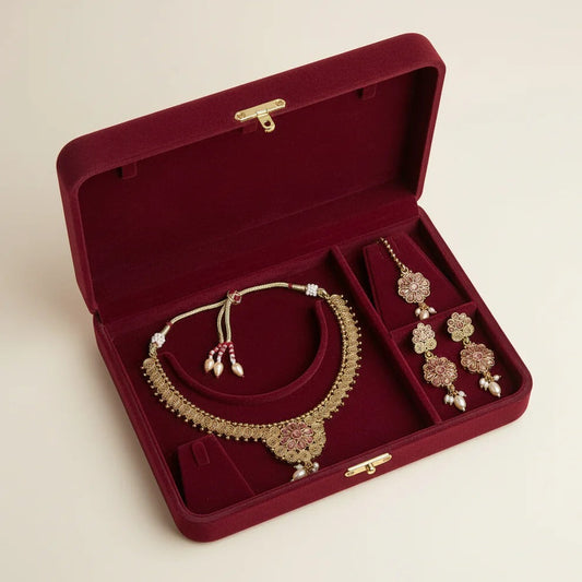 PJ-125 - Premium Gold Flowers Pink Diamonds Jewelry Set