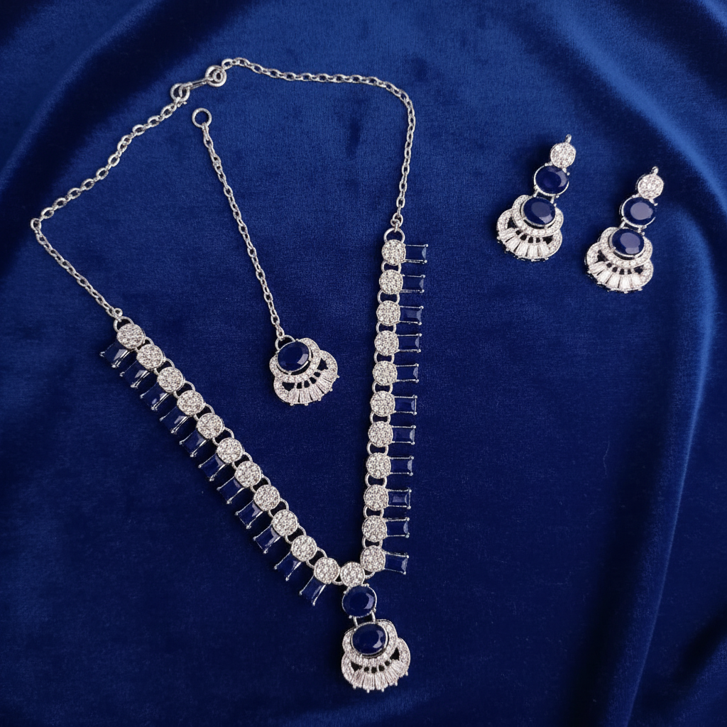 PJ-115 - Zircon Diamonds Mala Silver - Jewelry Set