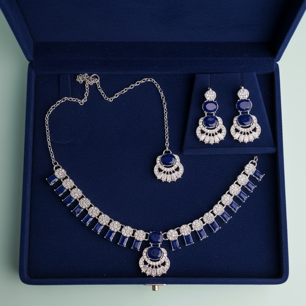 PJ-115 - Zircon Diamonds Mala Silver - Jewelry Set