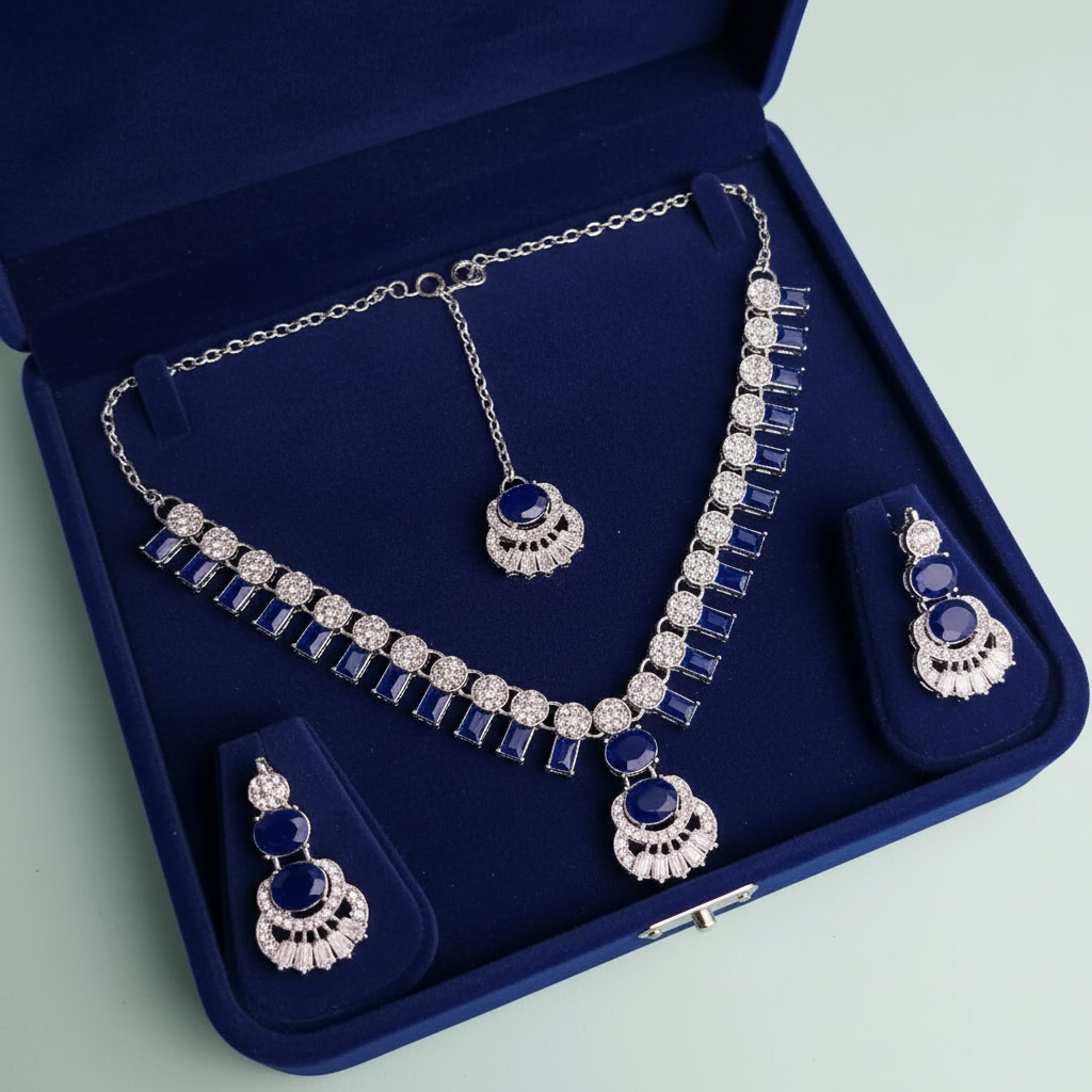 PJ-115 - Zircon Diamonds Mala Silver - Jewelry Set