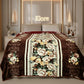Brown floral fleece blanket on bed in modern bedroom with Elore sign above headboard