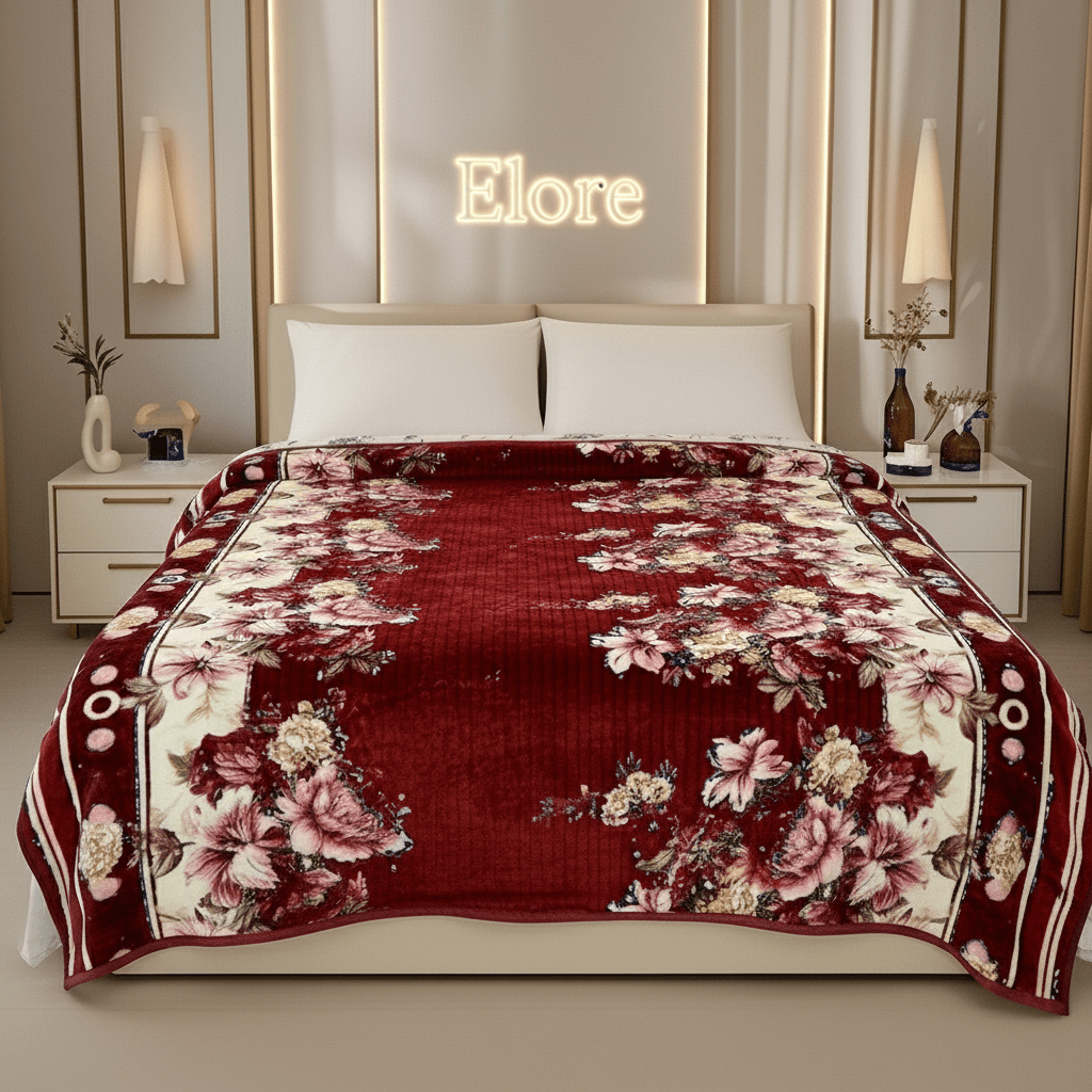 Luxurious red floral blanket on a modern bed with 'Elore' sign in stylish bedroom
