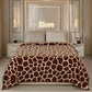 Modern bedroom with giraffe print blanket on bed, illuminated Elore sign on wall, stylish decor
