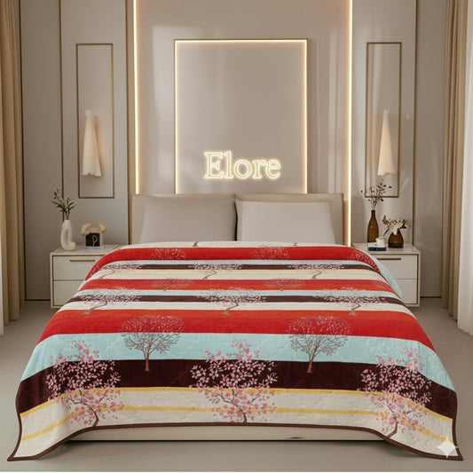 Striped bedspread with tree pattern on a modern double bed in an elegant bedroom, Elore sign above headboard
