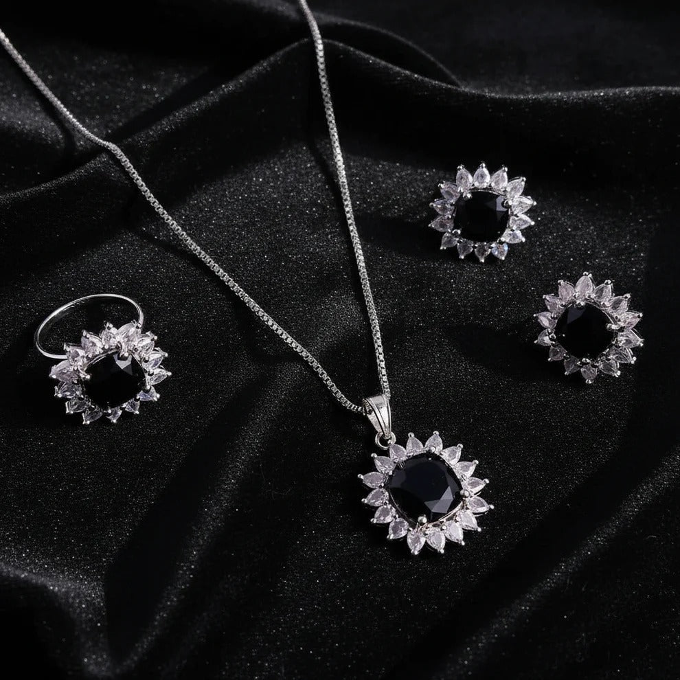 Black Natural Stone Silver - Jewelry Set Of 3