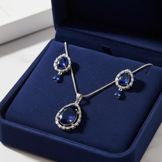 Navy Blue Natural Stone Silver - Jewelry Set