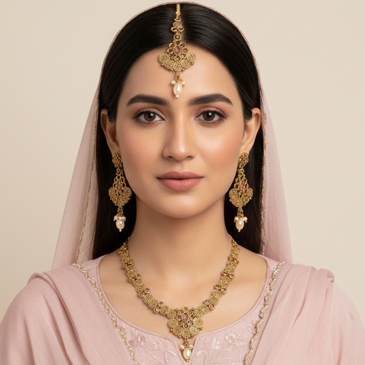 PJ-130 - Premium Pink Diamonds Gold Flowers - Jewelry Set