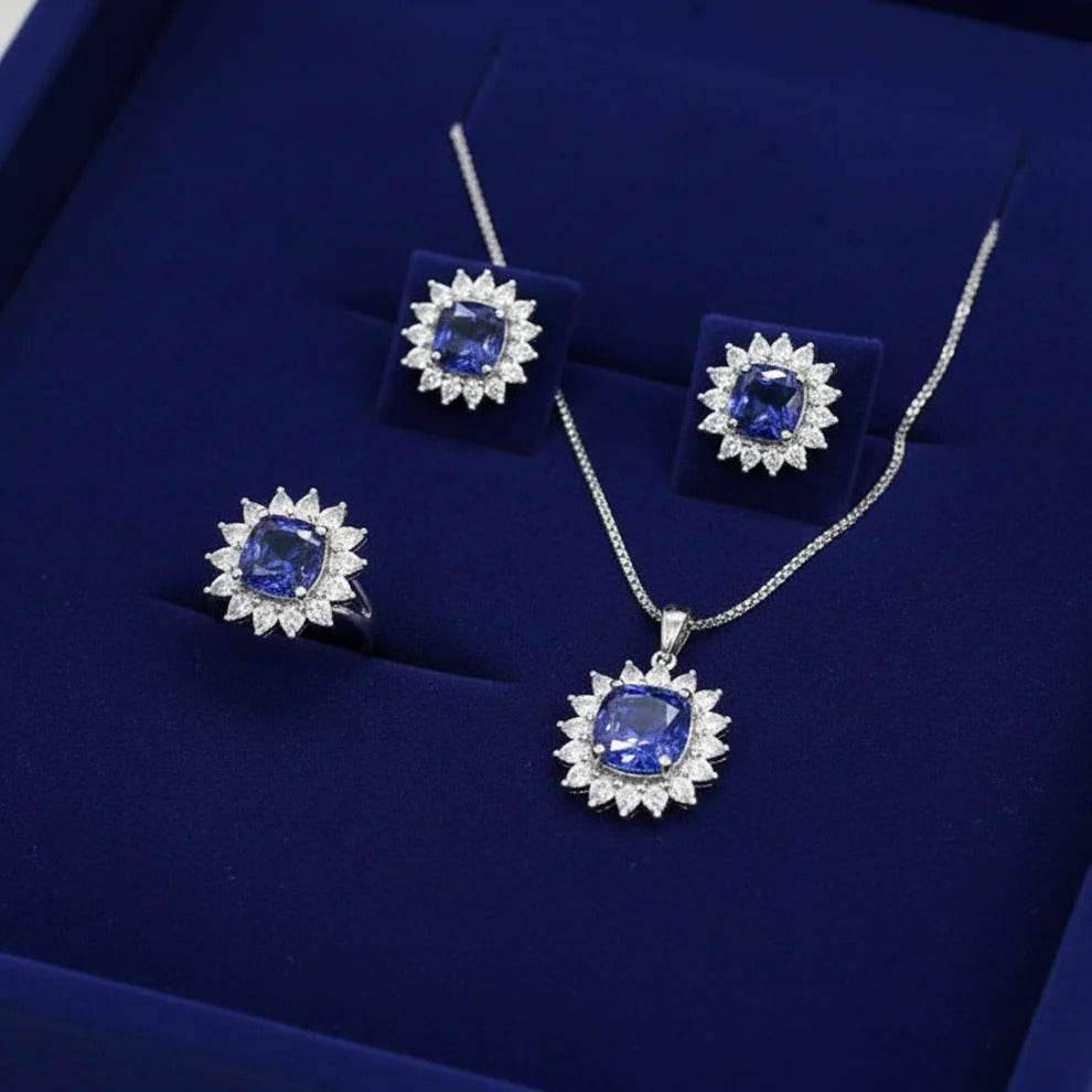 Navy Blue Natural Stone Silver - Jewelry Set Of 3