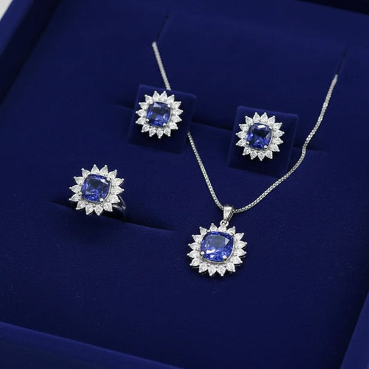 Navy Blue Natural Stone Silver - Jewelry Set Of 3