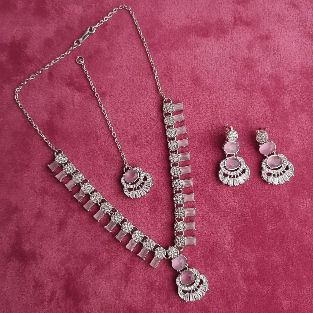 PJ-115 - Zircon Diamonds Mala Silver - Jewelry Set