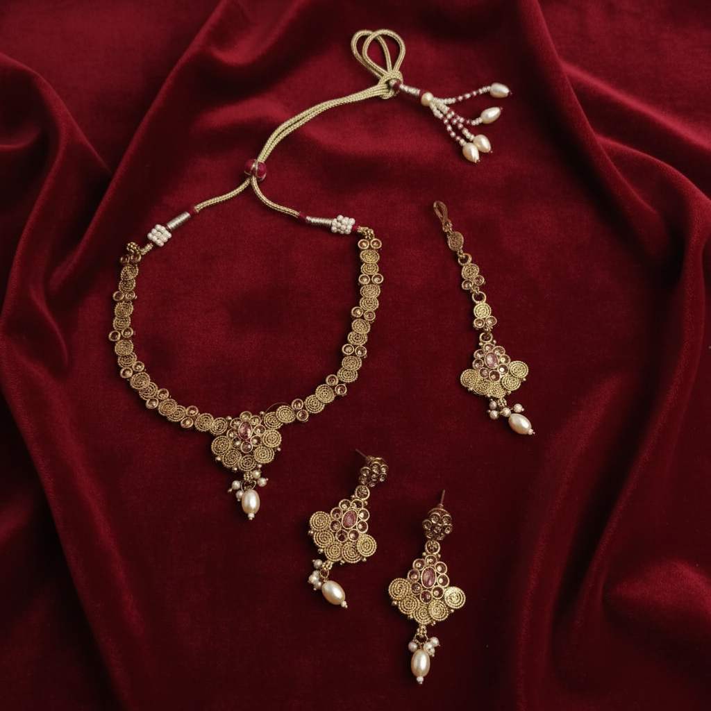 PJ-130 - Premium Pink Diamonds Gold Flowers - Jewelry Set
