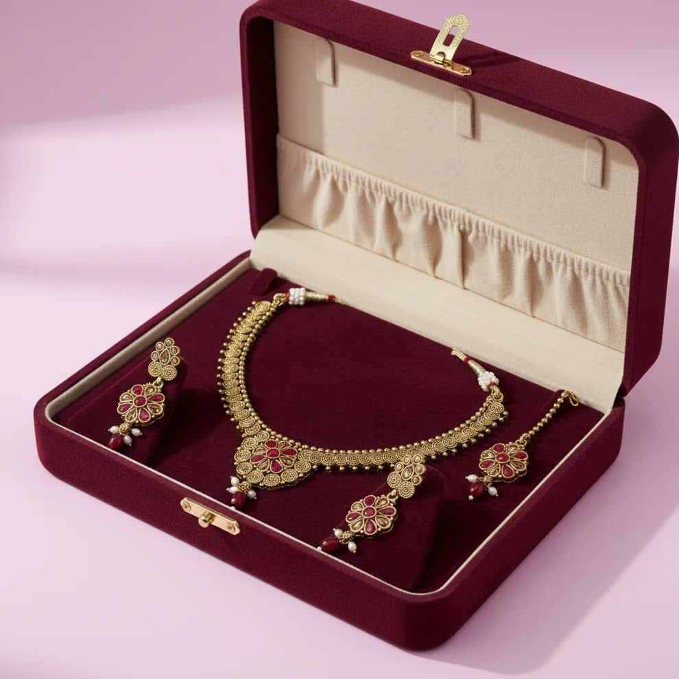 PJ-124 - Premium Gold Flowers Maroon & Pink Diamonds - Jewelry Set