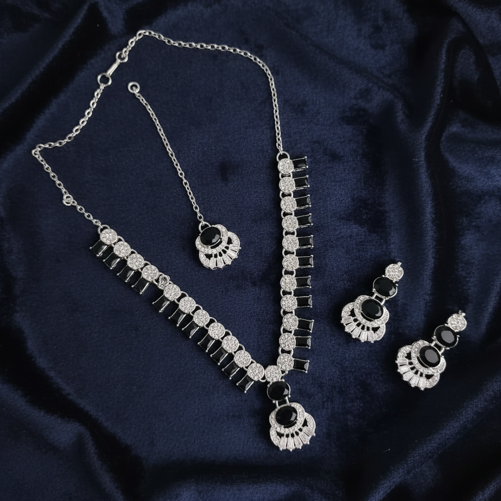 PJ-115 - Zircon Diamonds Mala Silver - Jewelry Set