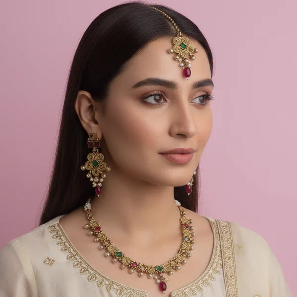 PJ-127 - Premium Gold Pearl Maroon & Green Diamonds Flowers - Jewelry Set