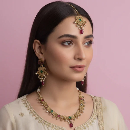 PJ-127 - Premium Gold Pearl Maroon & Green Diamonds Flowers - Jewelry Set