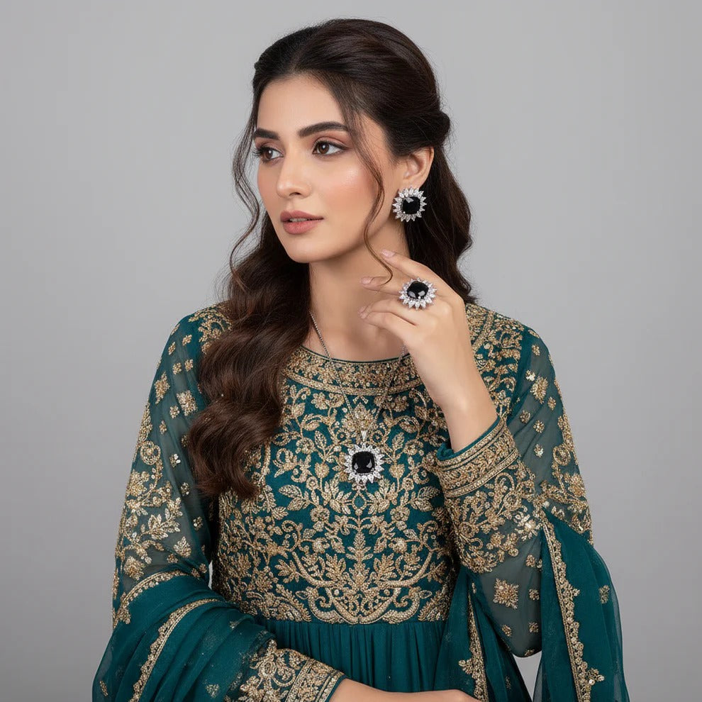 Black Natural Stone Silver - Jewelry Set Of 3