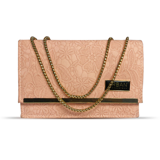 Peach Textured URBAN Clutch Elegant Chain Handbag for Women